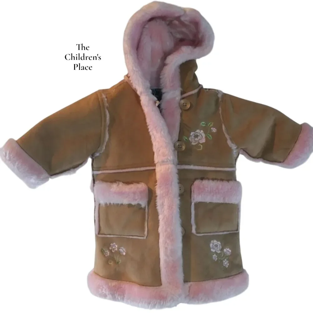 The Children's Place Baby Girl Faux Suede Sherpa Coat Pink Hooded 6-9M